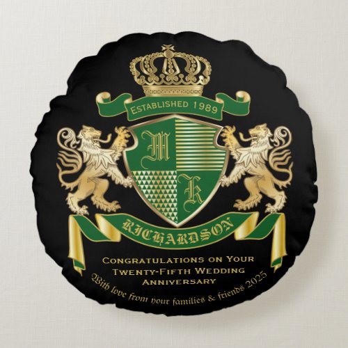 Make Your Own Coat of Arms Green Gold Lion Emblem Round Pillow