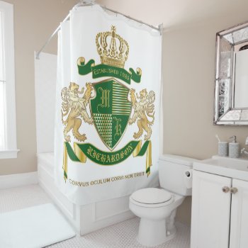Make Your Own Coat Of Arms Green Gold Lion Emblem Shower Curtain by BCVintageLove at Zazzle