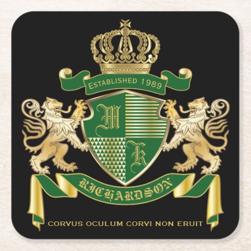 Make Your Own Coat of Arms Green Gold Lion Emblem Square Paper Coaster