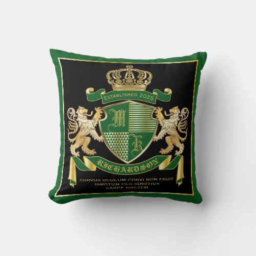 Make Your Own Coat of Arms Green Gold Lion Emblem Throw Pillow