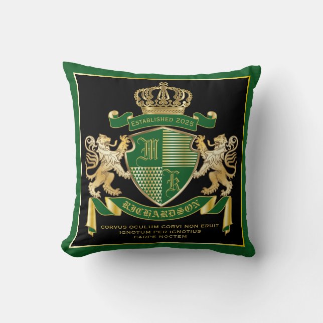 Make Your Own Coat of Arms Green Gold Lion Emblem Throw Pillow (Front)