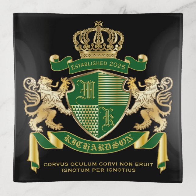 Make Your Own Coat of Arms Green Gold Lion Emblem Trinket Tray (Front)