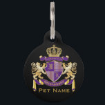 Make Your Own Coat of Arms Monogram Lion Emblem Pet ID Tag<br><div class="desc">Create your very own Coat of Arms, Family Crest or Emblem with this beautiful, classic escutcheon or shield design. Royal purple stripes decorate a shield topped with golden crown and flanked by medieval heraldic lion or griffin. A matching top banner holds your custom wedding date / birth date / slogan...</div>
