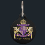 Make Your Own Coat of Arms Monogram Lion Emblem Pet ID Tag<br><div class="desc">Create your very own Coat of Arms, Family Crest or Emblem with this beautiful, classic escutcheon or shield design. Royal purple stripes decorate a shield topped with golden crown and flanked by medieval heraldic lion or griffin. A matching top banner holds your custom wedding date / birth date / slogan...</div>