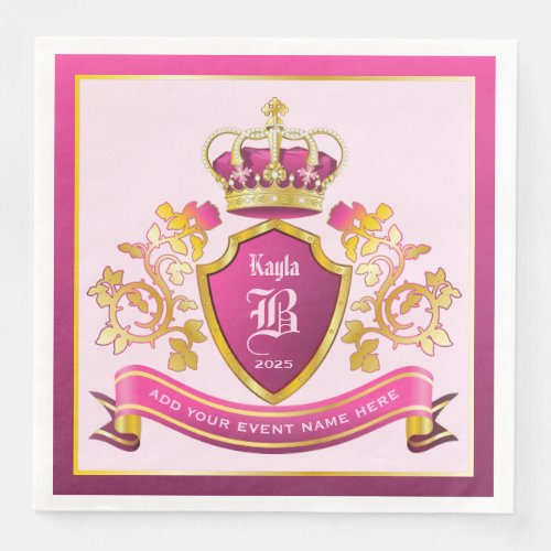 Make Your Own Coat of Arms Pink Gold Crown Pearls Paper Dinner Napkins