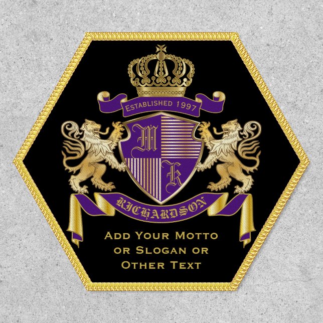 Make Your Own Coat of Arms Purple Gold Lion Emblem Patch (Front)