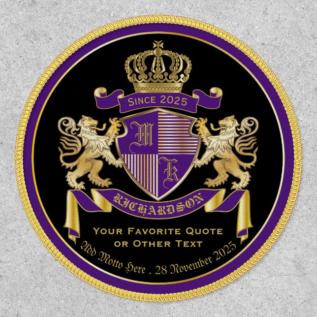Make Your Own Coat of Arms Purple Gold Lion Emblem Patch (Front)