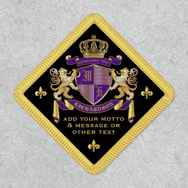 Make Your Own Coat of Arms Purple Gold Lion Emblem Patch (Front)