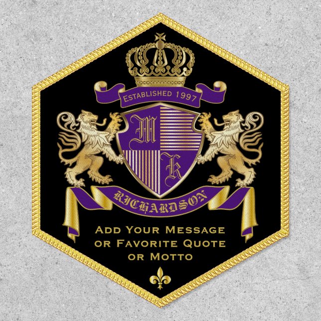 Make Your Own Coat of Arms Purple Gold Lion Emblem Patch (Front)