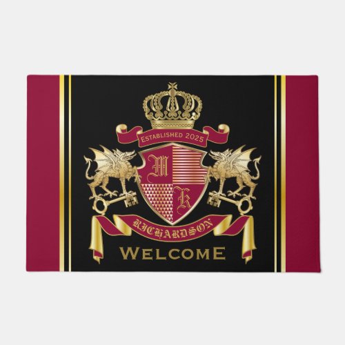 Make Your Own Coat of Arms Red Gold Dragon Emblem Doormat