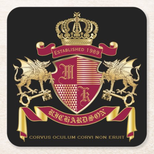 Make Your Own Coat of Arms Red Gold Dragon Emblem Square Paper Coaster