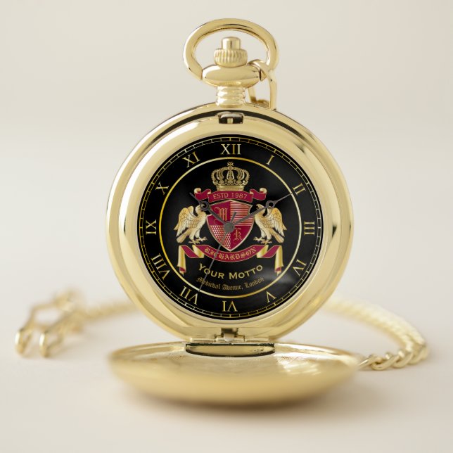Make Your Own Coat of Arms Red Gold Eagle Emblem Pocket Watch (Inside)