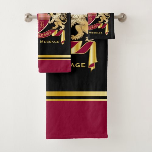 Make Your Own Coat of Arms Red Gold Lion Emblem Bath Towel Set