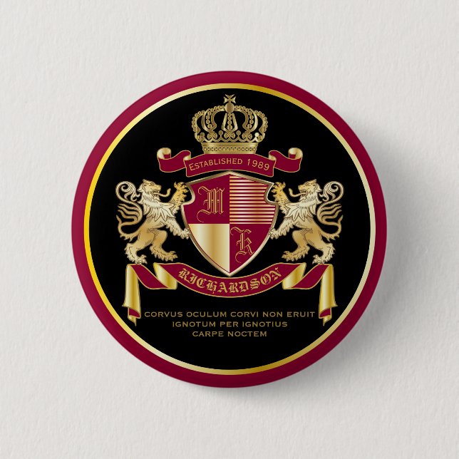 Make Your Own Coat of Arms Red Gold Lion Emblem Button (Front)
