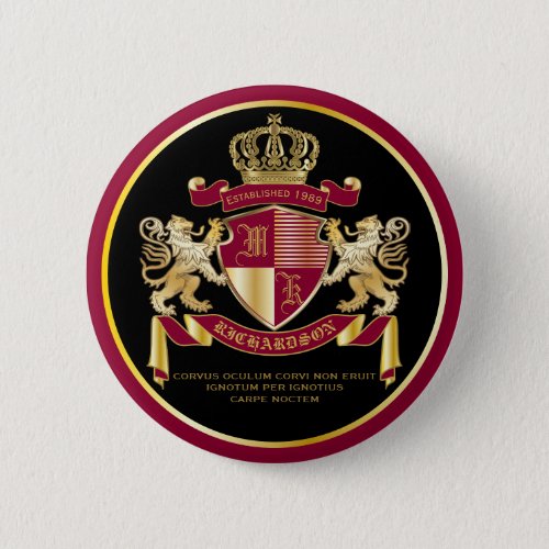 Make Your Own Coat of Arms Red Gold Lion Emblem Button