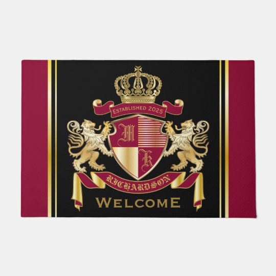 Make Your Own Coat Of Arms Red Gold Lion Emblem Doormat Zazzle Com