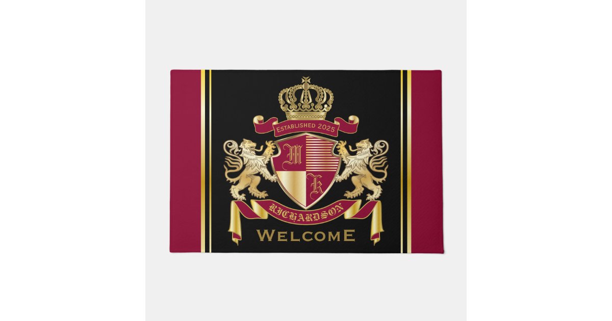 Make Your Own Coat Of Arms Red Gold Lion Emblem Doormat Zazzle Com
