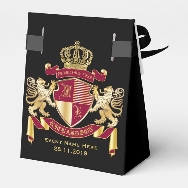 Make Your Own Coat of Arms Red Gold Lion Emblem Favor Boxes (Back Side)