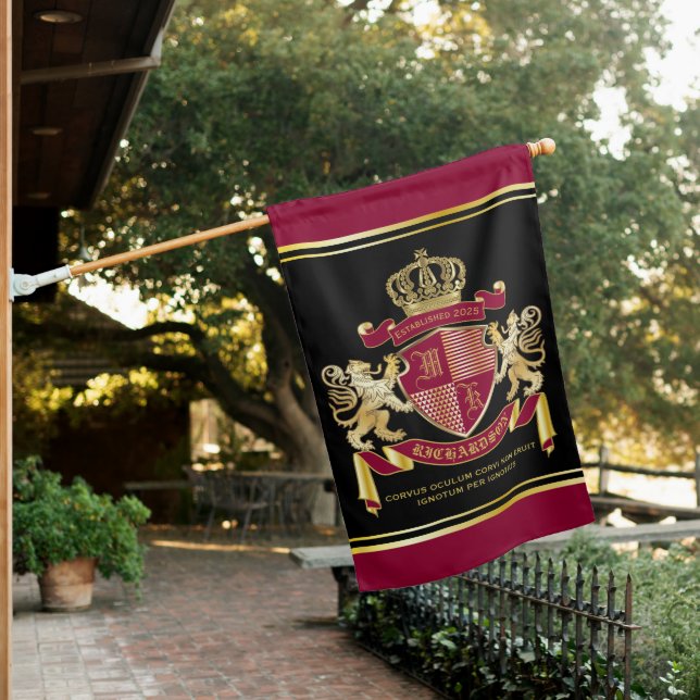 Make Your Own Coat of Arms Red Gold Lion Emblem House Flag (In SItu)
