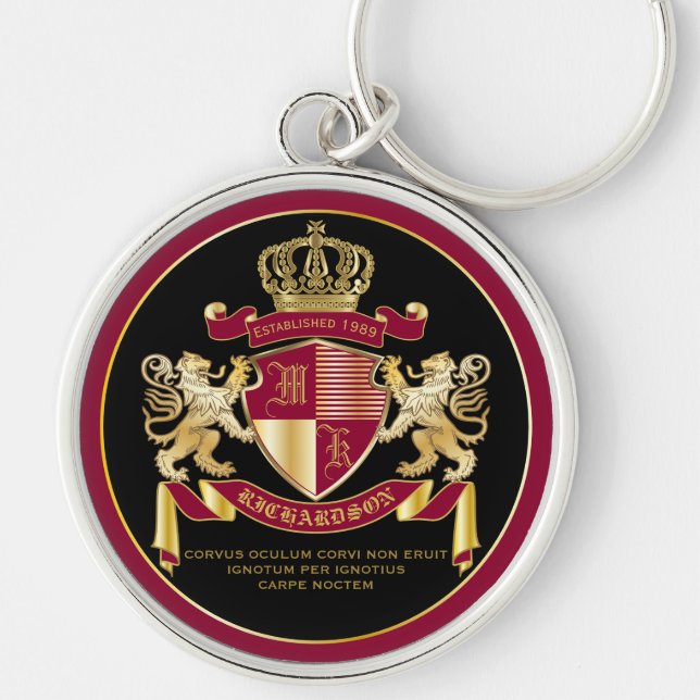Make Your Own Coat of Arms Red Gold Lion Emblem Keychain (Front)