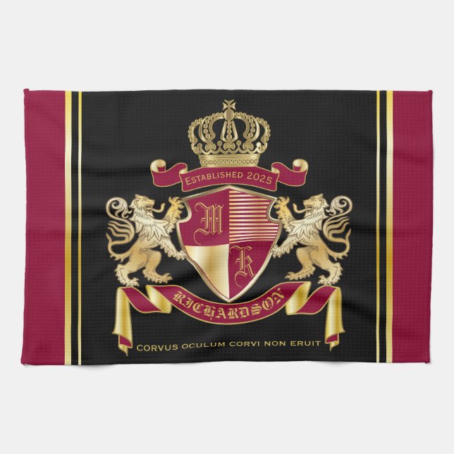 Make Your Own Coat of Arms Red Gold Lion Emblem Kitchen Towel (Horizontal)