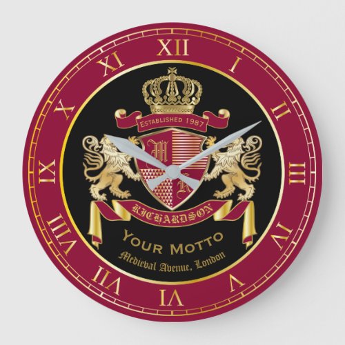 Make Your Own Coat of Arms Red Gold Lion Emblem Large Clock