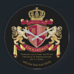 Make Your Own Coat of Arms Red Gold Lion Emblem Large Clock<br><div class="desc">Create your very own aristocratic Coat of Arms, Emblem, Insignia or Family Crest with this beautiful, classic escutcheon or shield design. Crimson red patterns decorate a shield topped with golden crown and flanked by medieval heraldic lion or griffin. A matching top banner holds your custom wedding date / birth date...</div>