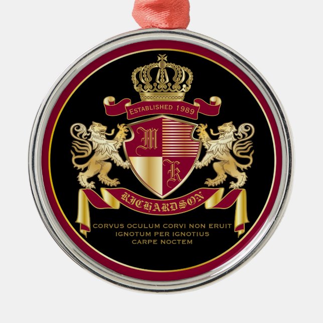 Make Your Own Coat of Arms Red Gold Lion Emblem Metal Ornament (Front)