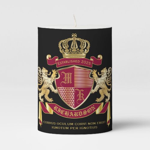 Make Your Own Coat of Arms Red Gold Lion Emblem Pillar Candle