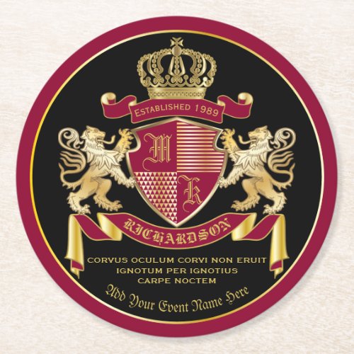 Make Your Own Coat of Arms Red Gold Lion Emblem Round Paper Coaster
