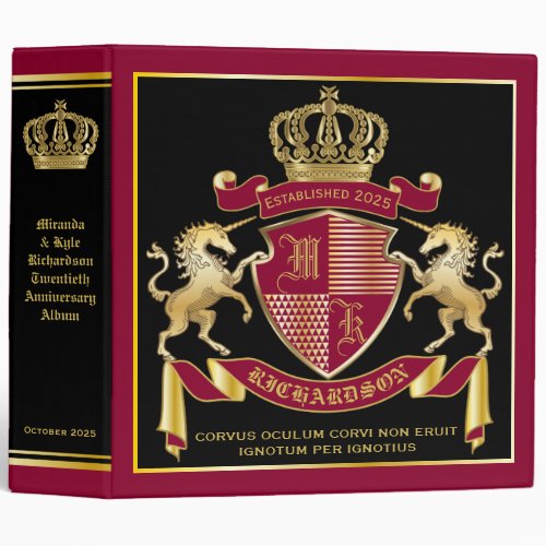 Make Your Own Coat of Arms Red Gold Unicorn Emblem 3 Ring Binder