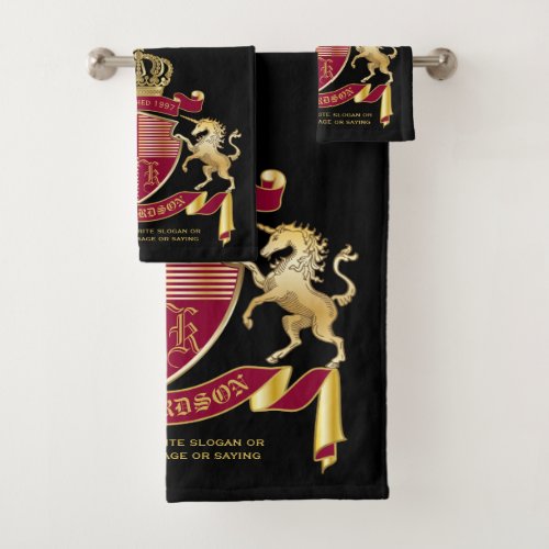 Make Your Own Coat of Arms Red Gold Unicorn Emblem Bath Towel Set