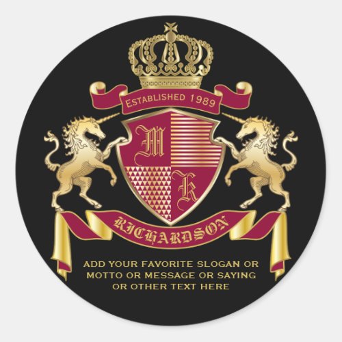 Make Your Own Coat of Arms Red Gold Unicorn Emblem Classic Round Sticker