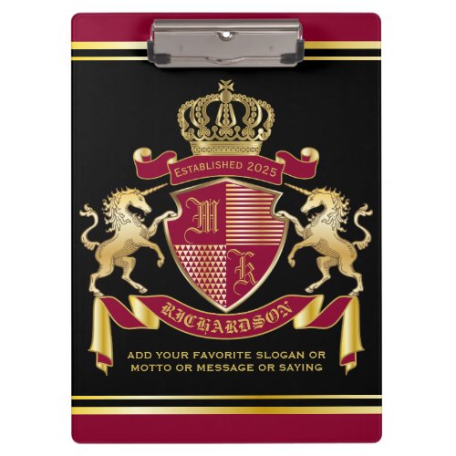 Make Your Own Coat of Arms Red Gold Unicorn Emblem Clipboard