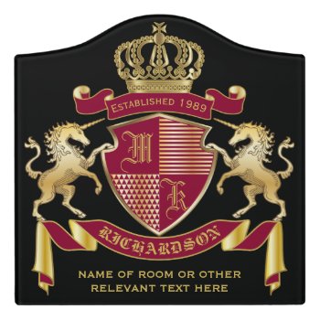 Make Your Own Coat Of Arms Red Gold Unicorn Emblem Door Sign by BCVintageLove at Zazzle