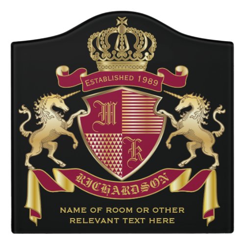 Make Your Own Coat of Arms Red Gold Unicorn Emblem Door Sign