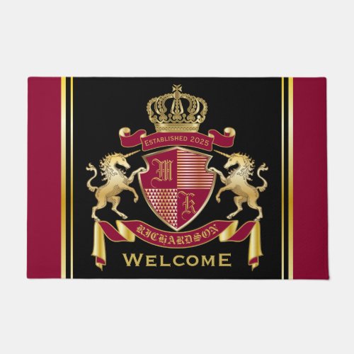 Make Your Own Coat of Arms Red Gold Unicorn Emblem Doormat