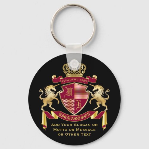 Make Your Own Coat of Arms Red Gold Unicorn Emblem Keychain