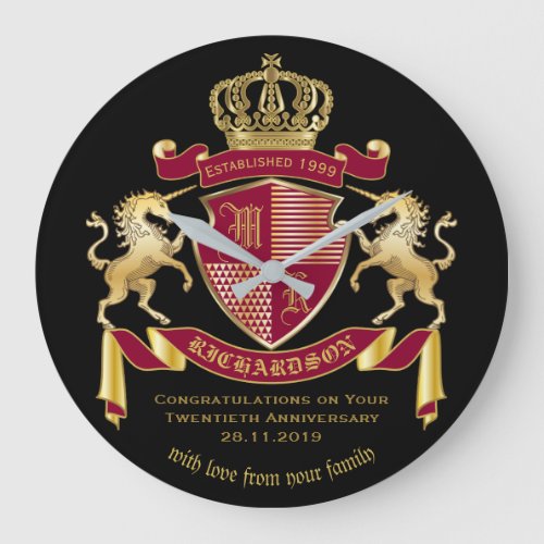Make Your Own Coat of Arms Red Gold Unicorn Emblem Large Clock