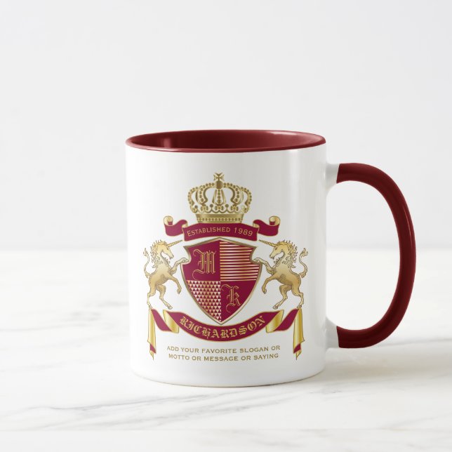 Make Your Own Coat of Arms Red Gold Unicorn Emblem Mug (Right)