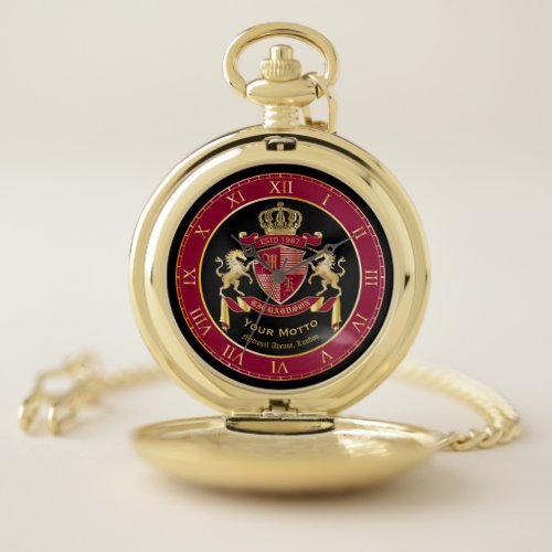 Make Your Own Coat of Arms Red Gold Unicorn Emblem Pocket Watch