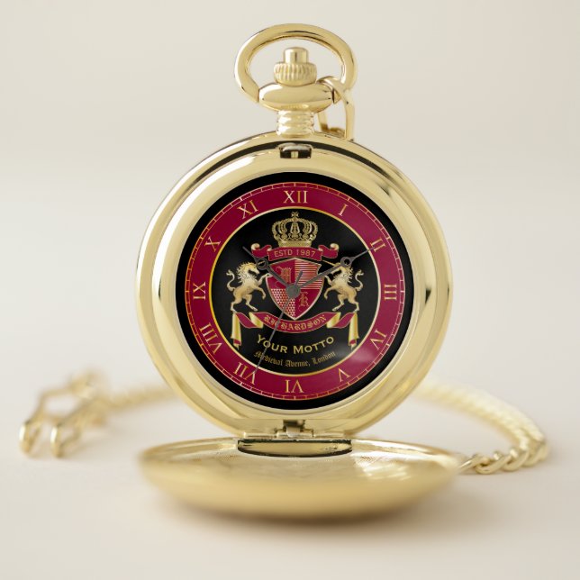 Make Your Own Coat of Arms Red Gold Unicorn Emblem Pocket Watch (Inside)