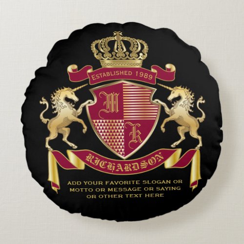 Make Your Own Coat of Arms Red Gold Unicorn Emblem Round Pillow