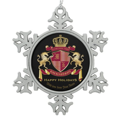 Make Your Own Coat of Arms Red Gold Unicorn Emblem Snowflake Pewter Christmas Ornament