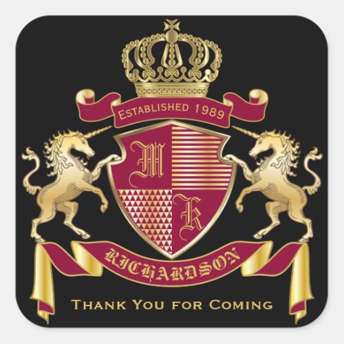 Make Your Own Coat of Arms Red Gold Unicorn Emblem Square Sticker