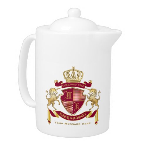 Make Your Own Coat of Arms Red Gold Unicorn Emblem Teapot