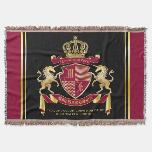 Make Your Own Coat of Arms Red Gold Unicorn Emblem Throw Blanket