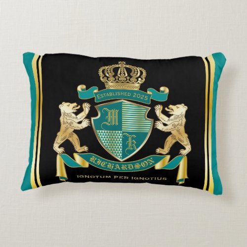 Make Your Own Coat of Arms Teal Gold Bear Emblem Accent Pillow