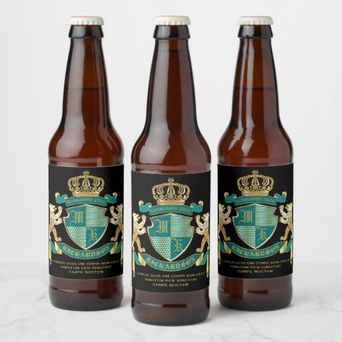 Make Your Own Coat of Arms Teal Gold Bear Emblem Beer Bottle Label