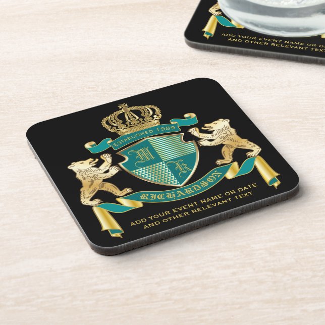 Make Your Own Coat of Arms Teal Gold Bear Emblem Beverage Coaster (Left Side)
